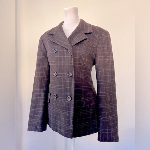 Vintage Y2K Ann Taylor Loft Brown Plaid Wool Double Breasted Blazer - Picture 3 of 7